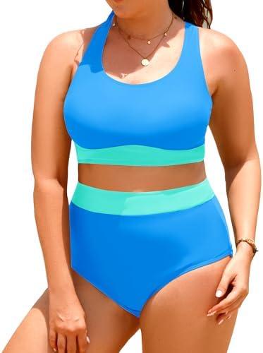 Aqua Eve Plus Size Two Piece High Waisted Bikini Swimsuits Scoop Neck Bikini Set Sporty Bathing Suits, Size 18W