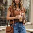 SHEWIN Womens Blouses Boho Summer Tops Cap Short Sleeves V Neck Chiffon Casual Elegant Geometric Printed Shirts (Brown, L)