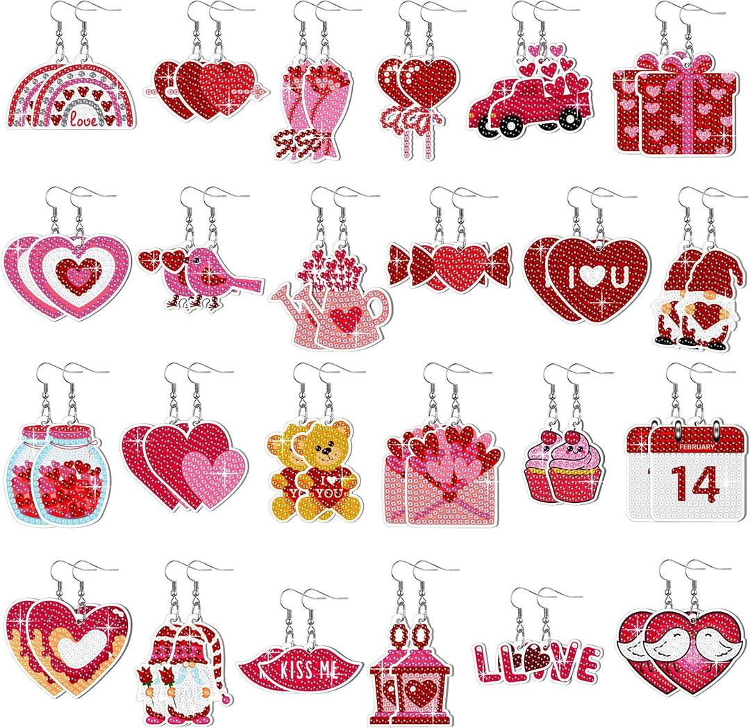 Siifert 24 Pairs Valentine's Day Diamond Painting Earrings DIY Earring Making Kit Diamond Art Jewelry Making Kit for Adults Vintage Jewelry Crafting Charms Bulk with 6 Tools for Women