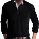 Men's Casual Polo Shirts Classic Button Basic Long Sleeve Shirt Solid Color Cotton Tees Stylish Tops, M
