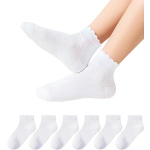 Girls White Ruffle Socks School Uniform Kids Cotton Crew Ankle Cute Frilly Dress Socks 6 Pack (4-6 Years)