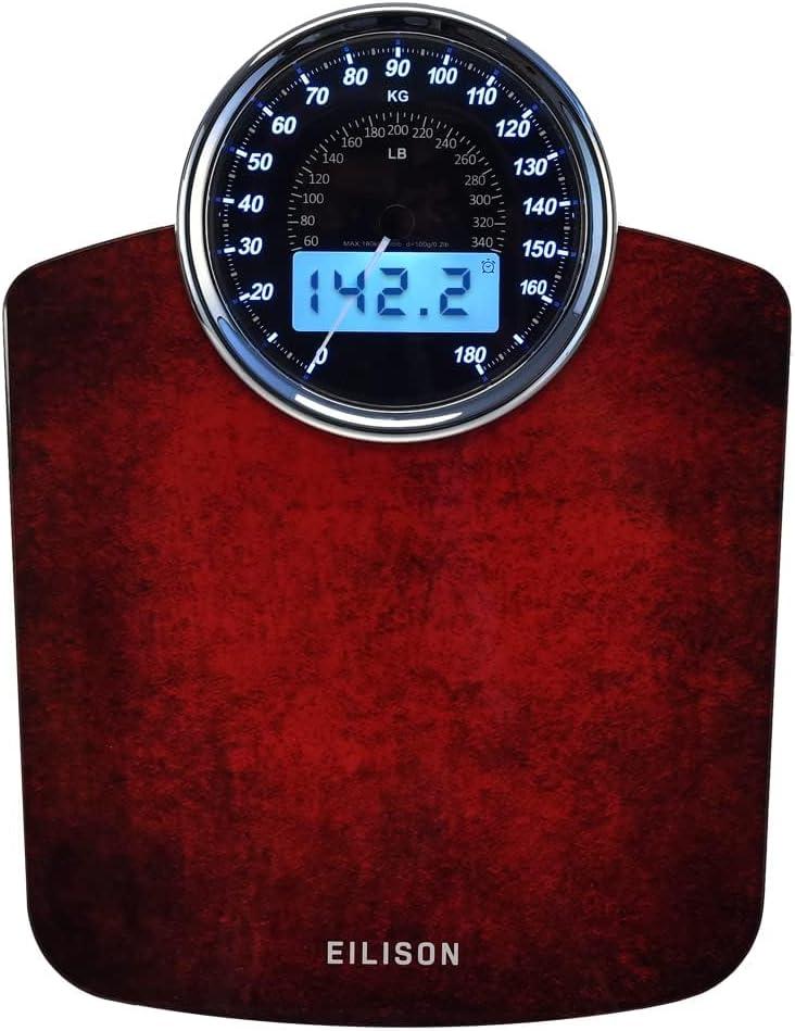 EILISON Highly Advance 2-in-1 Digital & Analog Weighing Scale for Body Weight-400lbs, 4 High Precison GX Sensor Accurate, Thick Tempered Glass, Extra Large Display (Red)