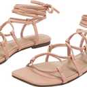 PiePieBuy Womens Lace up Square Toes Flat Sandals with Ankle Strap Summer Criss-Cross Gladiator Shoes (9, 1-pink)