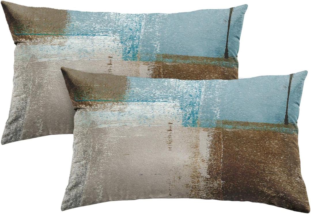 Britimes Throw Pillow Covers Modern Home Art Decor, 12 x 20 Inches Set of 2 Pillow Cases Decorative, Abstract Oil Painting Pillowcases for Bedroom, Living Room, Beige Blue