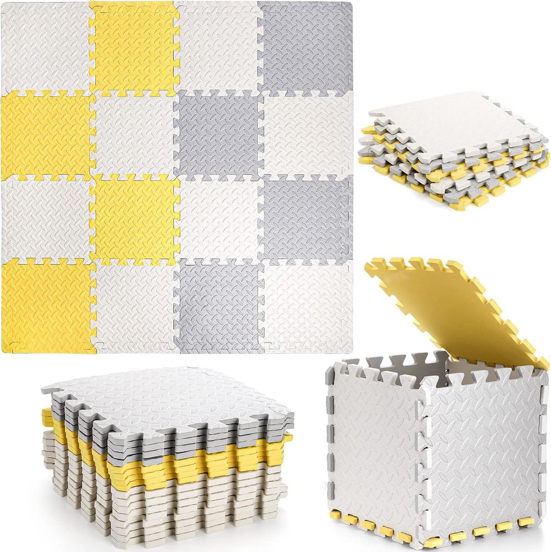Tebery 16 Pieces Nonslip Interlocking Foam Tiles Puzzle Floor Mats with Border, 1/2-Inch Thick Squares Baby Play Mat Exercise Mat for Gyms, Yoga, Outdoor Workout, Kids(White/Gray/Yellow)