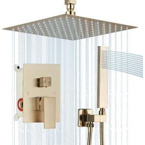 Shower Faucet Set Rain Shower System with 12 Inches Rain Shower Head and Handheld Spray, Bathroom Shower Fixtures Brushed Gold Shower Kit with Brass Valve,Ceiling Mounted