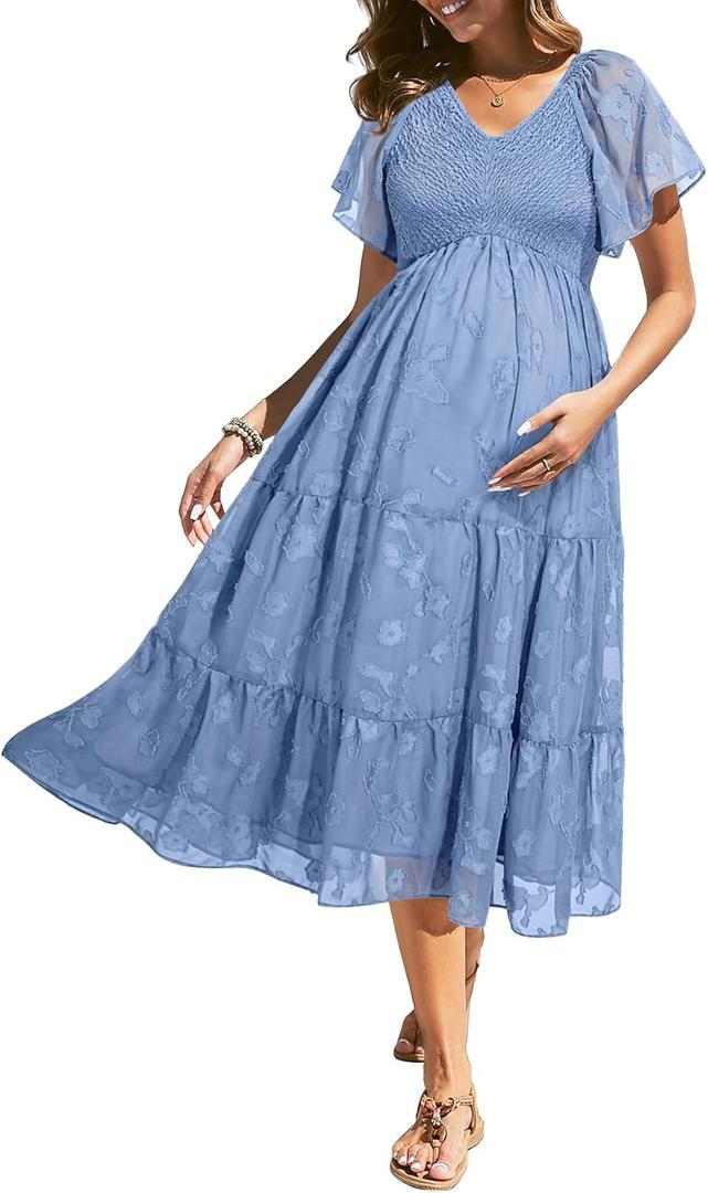 Maternity Dress for Baby Shower - 2025 Photoshoot Pregnancy Summer Midi Casual Flutter Sleeve Dress (S, Blue)