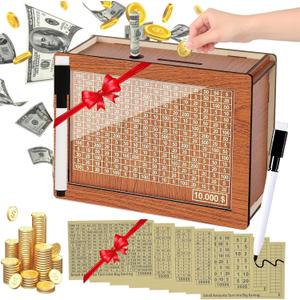 Money Saving Box Piggy Bank for Adults Kids 10000 Savings Challenge Box Money box Wooden Reusable Savings Box With $10000 5000 3000 2000 1000 500 Target Best Gift for Kids Adult Friends(8Sheets,Brown)