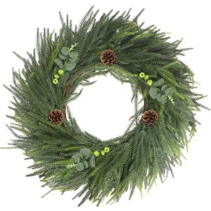 LOKEISNA Real Touch Norfolk Pine Wreath, 24" Artificial Christmas Wreaths for Front Door, Soft Bendable Pine Wreaths for Front Door, Christmas Door Decorations