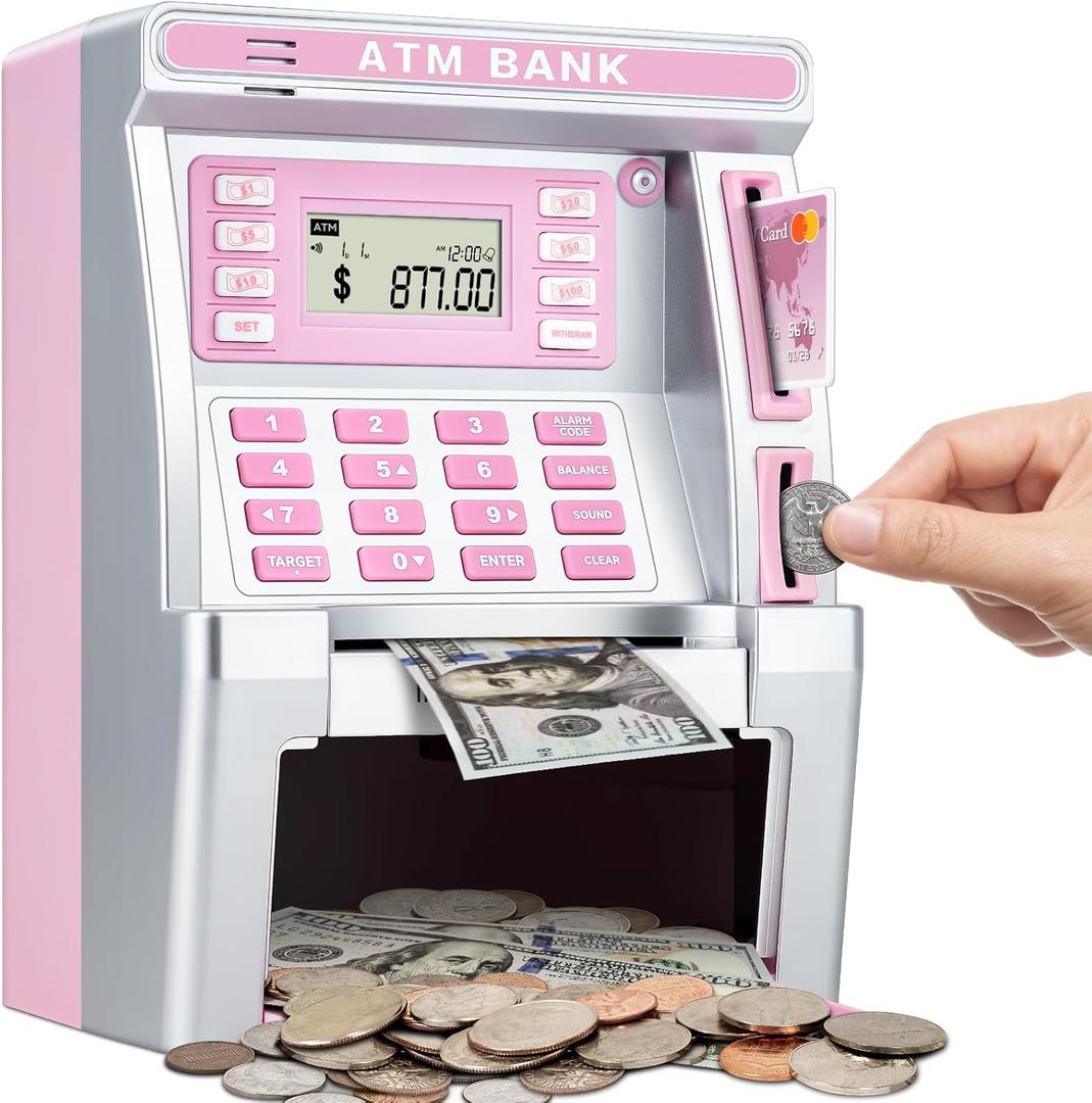 BAODLON Pink Piggy Bank for Kids, ATM Machine Bank for Real Money with Debit Card, Bill Feeder, Coin Recognition, Balance Calculator, Electronic Savings Safe Box, Cool Stuff Toys Gifts for Teen Girl