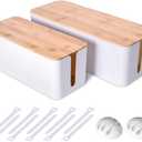 2 Pack Large Cable Management Box Wooden Style Cord Organizer and Cover for TV Wires, Computer, Router, USB Hub and Under Desk Power Strip Safe ABS Material and Baby-Pets Proof Lock (White)