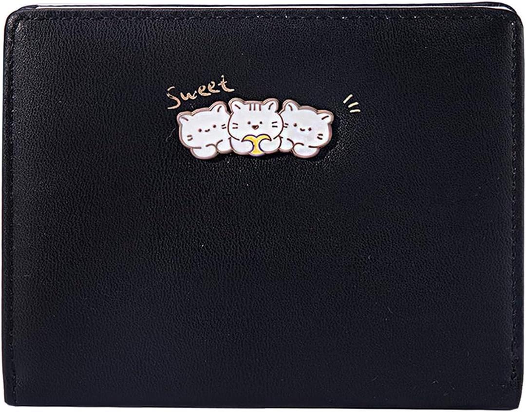 Sunwel Fashion Cute Zipper Wallets Kawaii Cat Wallet Small Kitten Credit Card Change ID Window for Women Girls (BLACK)