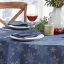 Newbridge Fancy Metallic Snowflake Christmas Fabric Tablecloth, 60 x 144 Inch Rectangle, Navy Silver, No-Iron Soil Resistant Sparkling Snowflakes Woven Holiday Table Cover