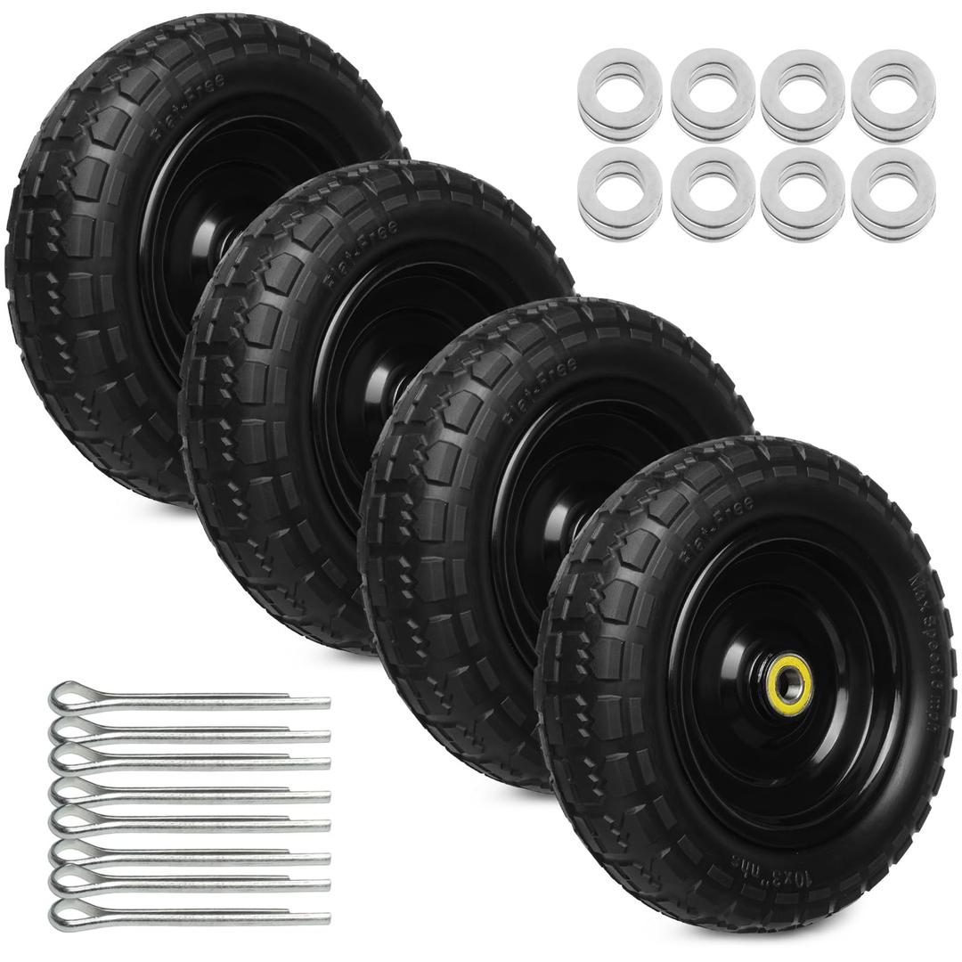 10 Inch Solid Rubber Tires, 4.10/3.50-4 Tire and Flat Free with 5/8" Bearings, 2.17" Offset Hub for GOR Garden Carts, Garden Wagon Carts, Trolleys, Hand Trucks and Utility Cart(4 Pack)