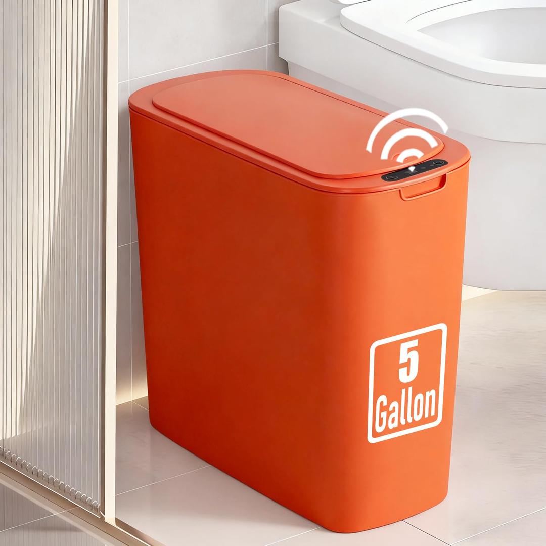 TIPGO 5 Gallon Motion Senor Bathroom Trash Can with Lid, Automatic Garbage Can Touchless, Smart Plastic Waste Basket for Narrow Spaces, Bathroom, Office, Bedroom, Living Room (Orange)