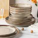 GBHOME Stoneware Dinnerware Sets for 4,12 Pieces Rustic Earthenware Plates and Bowls Set,Handmade Reactive Glaze Ceramic Plate Sets, Chip Resistant Dishes, Microwave & Dishwasher Safe,Driftwood Taupe