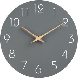 Mosewa Wall Clock 14 Inch Gray Battery Operated Silent Non Ticking Simple Modern Wood Clock Decorative for Bedroom Living Room Kitchen Home Office