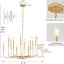 Modern Gold Chandelier for Dining Room,Metal 12-Light Kitchen Light Fixtures, Farmhouse Candle Hanging Pendant Light for Living Room Entryway Foyer Bedroom (Bulbs Not Included)