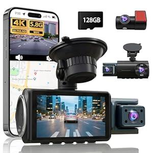 3 Channel Dash Cam Front and Rear, 4K+4K+1080P Car Camera, Free 128GB Card, Built-in GPS, ADAS, 5.8GHz WiFi & APP, Super Night Vision, G-Sensor, Loop Recording, 24H Parking Mode Dash Cam（Black）