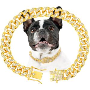 Gold Dog Chain Diamond Dog Collar Walking Metal Chain Collar with Design Secure Buckle Pet Collar Jewelry Accessories Necklace for Small Medium Large (Gold,16 Inch)
