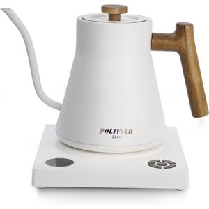 POLIVIAR Electric Gooseneck Kettle, 1200W Electric Tea Kettle Real Wood Handle, 34oz Pour Over Electric Kettle for Coffee & Tea, 18/8 Stainless Steel Inner, Temperature Control & Rapid Heating (White)