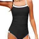 BAVADER Girls Swimsuit One Piece Modest Girls Bathing Suit Solid Square Neck Ruched Adjustable Straps Padded Swimwear , Black, 13-14 Years
