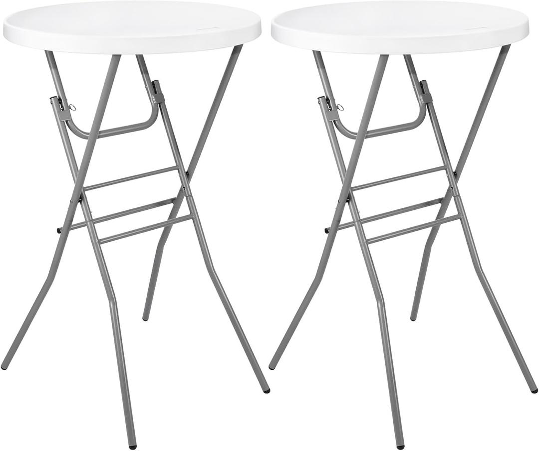 Cocktail Table 28in Folding Round High Top Indoor Outdoor with Removable Legs, Tall Bistro Foldable Bar Height Table for Parties, Patio, Backyard, Dining, Wedding, White- 2PCS