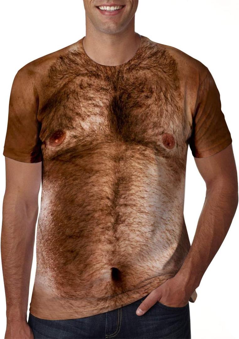 Uideazone Mens Short Sleeve T-Shirt Casual 3D Creative Print Crewneck Graphic Tees (Medium, Chest Hair Brown)