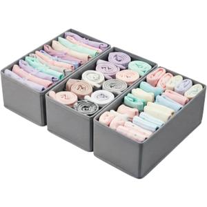Small Foldable Fabric Drawer Organizer 3-Pack - 11 Breathable Closet & Dresser Storage Bins for Socks, Underwear, Bras & Baby Clothes, Gray