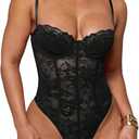 SweatyRocks Women's Sheer Lace Spaghetti Strap Underwire Bodysuit Corset Tops Sexy Skinny Leotard L
