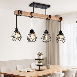 4-Lights Farmhouse Wood Kitchen Island Lighting, 23.6'' Dining Room Light Fixtures Chandelier Over Table, Rustic Black Cage Pendant Lights Ceiling Hanging for Pool Table, Living Room, Hallway