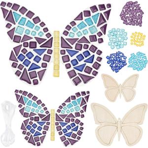 WEBEEDY Make 2 Butterfly Glass Mosaic Kit - DIY Mosaic Kit for Adults, Include Glass Mosaic Tiles, Wooden Chips, Ribbon for Christmas Holiday Unique Decor Gift