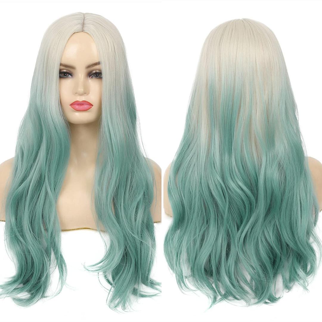 Ombre Green Wig for Women Synthetic Long Curly Wavy Ombre Light Green Wigs with Blonde Roots Middle Part Wigs for Party Daily Halloween Use (Blue)