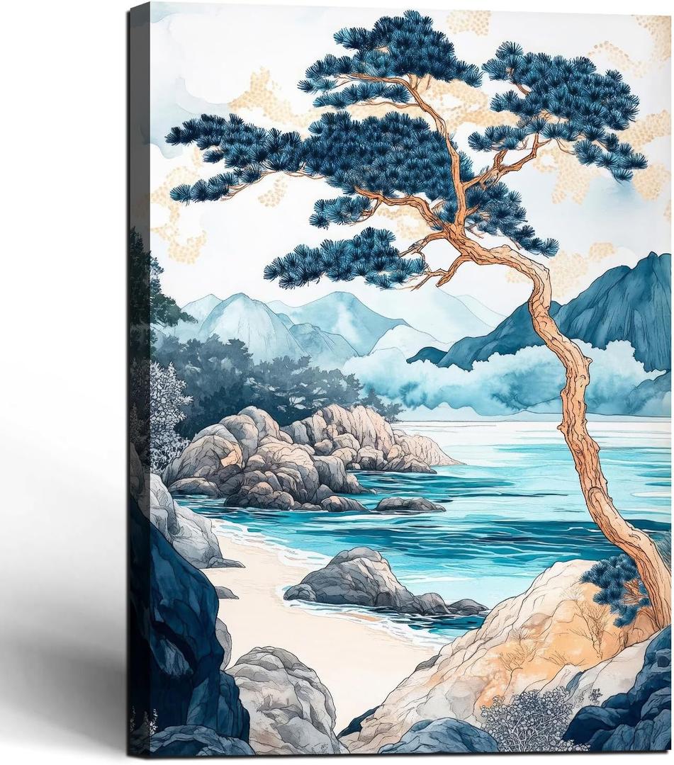 Framed Japanese Pine Trees Landscape Picture Coast Mountains Wall Art Decor Canvas Print Nature Print Artwork Poster Gallery Bedroom Living Room Office 16x24 Inch Ready to Hang