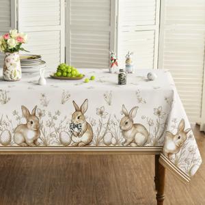 Horaldaily Easter Tablecloth 60104 Inch Rectangular, Bunny Rabbits Carrot Easter Egg Anemone Stripes Bowknot BrownWashable Seasonal Table Cover for Party Picnic Dinner Decor
