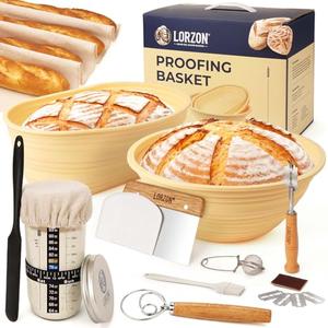 Lorzon Silicone Proofing Baskets with Sourdough Starter Jar Kit, 9" Round & 10" Oval Foldable Banneton Baskets, Sourdough Bread Baking Supplies