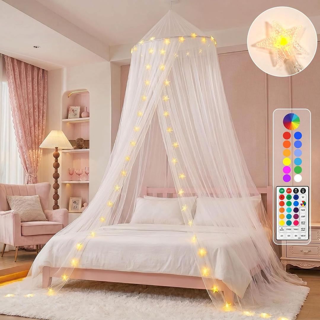 Obrecis Bed Canopy with LED Star Lights, Princess Canopy Bed Curtain with 18 Colors Changing String Lights Remote Timer for Girls Bedroom, Pink Red Blue White Dome Canopy for Twin to King Size Bed