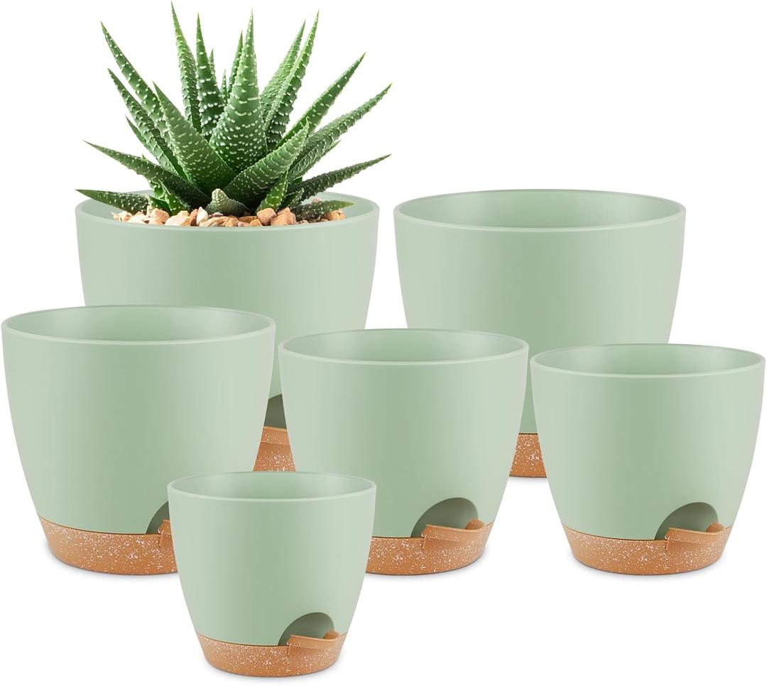 QRRICA Plant Pots 8/7/6.5/6/5.5/5 Inch Self Watering Pots, Set of 6 Plastic Planters with Drainage Holes and Saucers,Plastic Flower Pots,Nursery Planting Pot for Indoor Out Door PlantsGreen