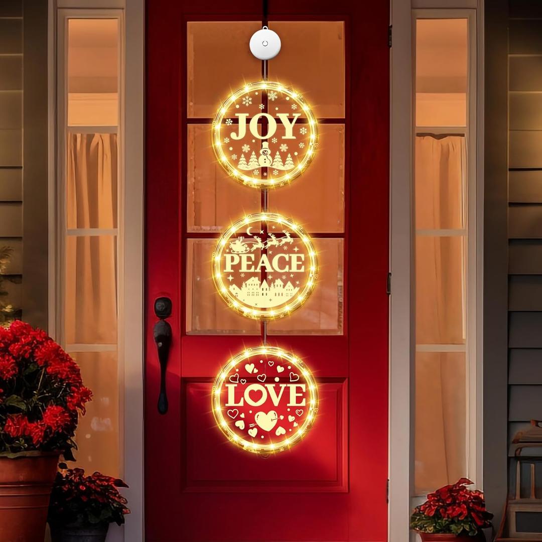 Retisee 3 in 1 Joy Christmas Lights for Front Door, 6.3 Inch Christmas Window Silhouette Lights Decorations Timer Battery Operated LED Joy Sign Hanging Light for Outdoor Indoor Home Shops(Trendy)