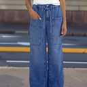 Cicy Bell Womens Wide Leg Jeans Vintage Mid Rise Baggy Boyfriend Belted Denim Pants with Pockets (Blue)