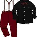 Boys Wedding Guest Outfit Black Dress Shirt Red Suspender Pants Baby Boy Suits 12-18 Months 1T, Black & Red