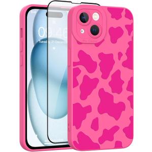 Case for iPhone 15 Case Cow Print Pattern Hot Pink Design Tire Texture Non-Slip + Soft TPU Bumper Anti-Slip Ultra Thin Cover Protective Shockproof Case for iPhone 15