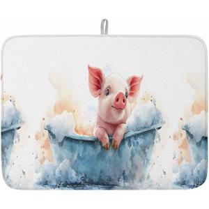 Absorbent Dish Drying Mat for Kitchen Counter Cute Pig in Bathtub Microfiber Dish Drying Pad, Abstract Watercolor Animal Dish Drainer Mat Rack for Utensils/Countertops/Sinks, 18x24in, 1Pack (White Gray Blue Light Blue Light Pink)