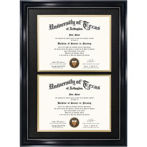 GraduationMall 14x20 Double Diploma Frame, Display 8.5x11 Certificate with Black over Gold Mat,UV Protection Acrylic,Black with Silver Beads