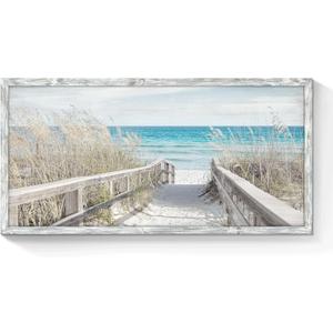 Coastal Beach Framed Wall Art: Rustic Ocean Landscape Picture Modern Seascape Painting Seaside Boardwalk Artwork Prints Decor for Bathroom, 24"L x 12"W