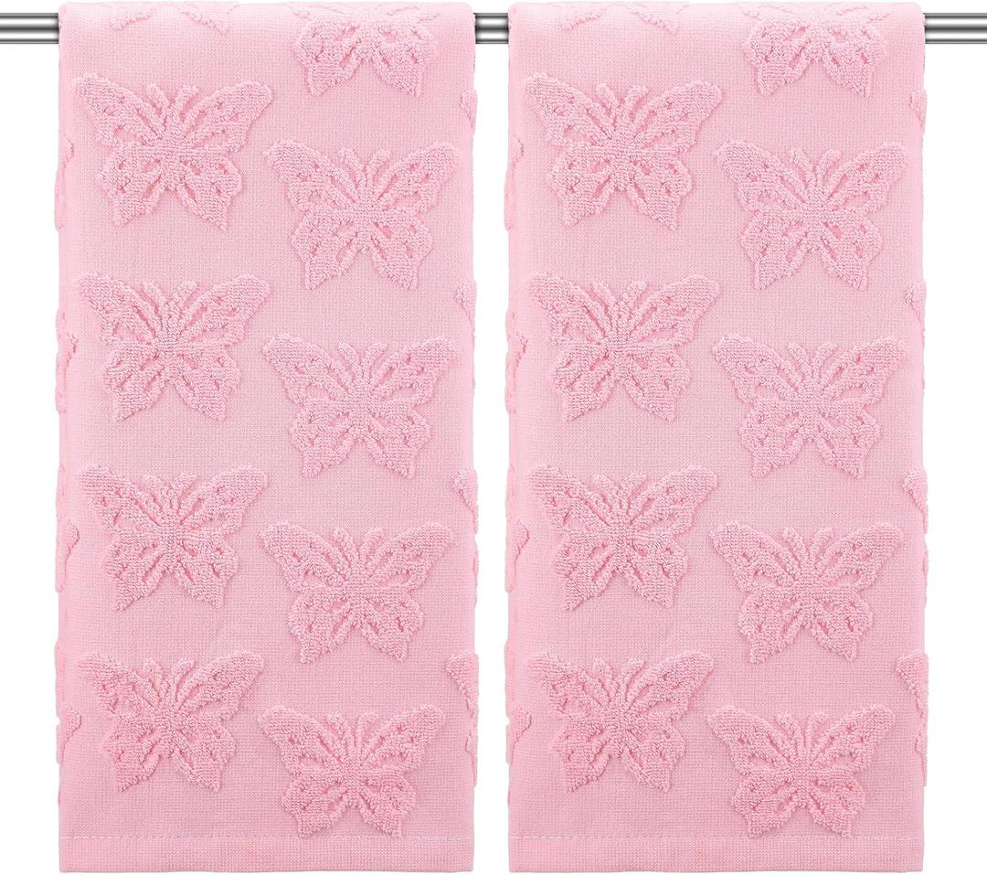 SmoothNovelty 2 Pcs Butterfly Hand Towels for Bathroom Pink Butterfly 100% Cotton Jacquard Weave Bath Towel Set Soft Absorbent Dish Washcloth for Women Bathroom Kitchen Summer Gifts 13.8 x 29.5 Inch