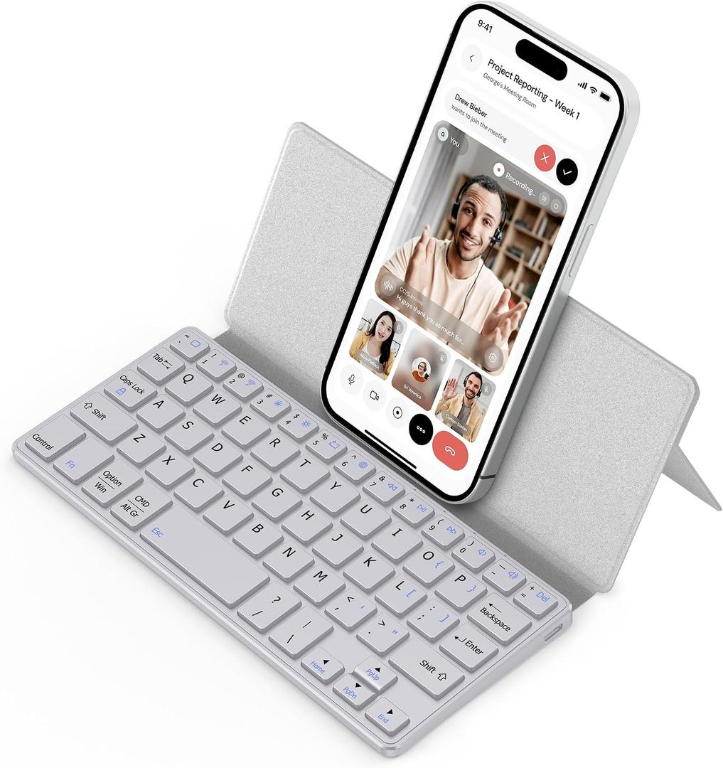 CACOE Wireless Keyboard with Stand, Mini Keyboard for Cell Phone, Ultra-Slim Portable, Foldable, Dual-Channel QWERTY with Stand Holder for Smartphone and More iOS Android Windows, Grey