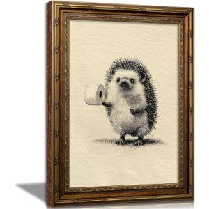 Vintage Gold Framed Fun Bathroom Wall Art, Hedgehog Holding Toilet Paper Painting Canvas Prints, Cute Animal Picture Wall Decor, Interesting Restroom Poster Artwork For Bathroom Home Decor