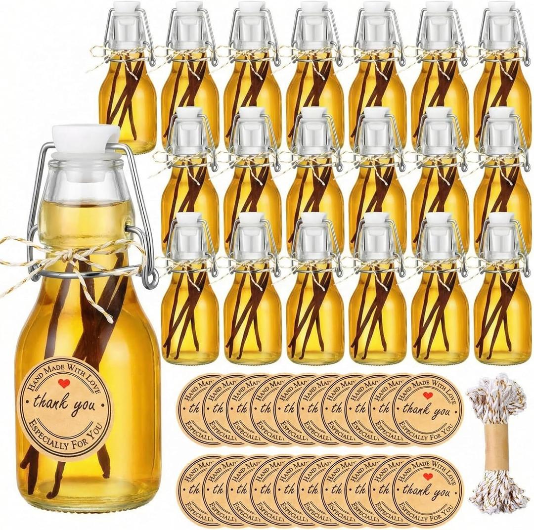 Teenyyou 20 PCS 4.05OZ Mini Flip Top Square Glass Bottle with Stoppers Decorative Swing Top Bottles Small Glass Bottles with Lids Kraft Adhesive Round Stickers for Wedding Vanilla Extract Party Favors