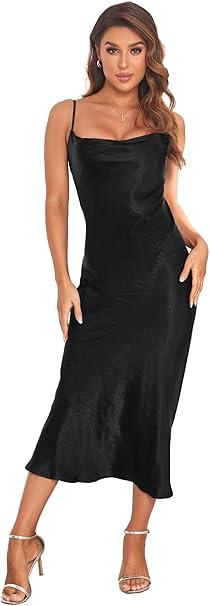 Atnlewhi Women's Satin Sexy Spaghetti Straps Slip Dress Night Dress Cowl Neck Midi Dresses Summer for Women Party Dresses, M, Black
